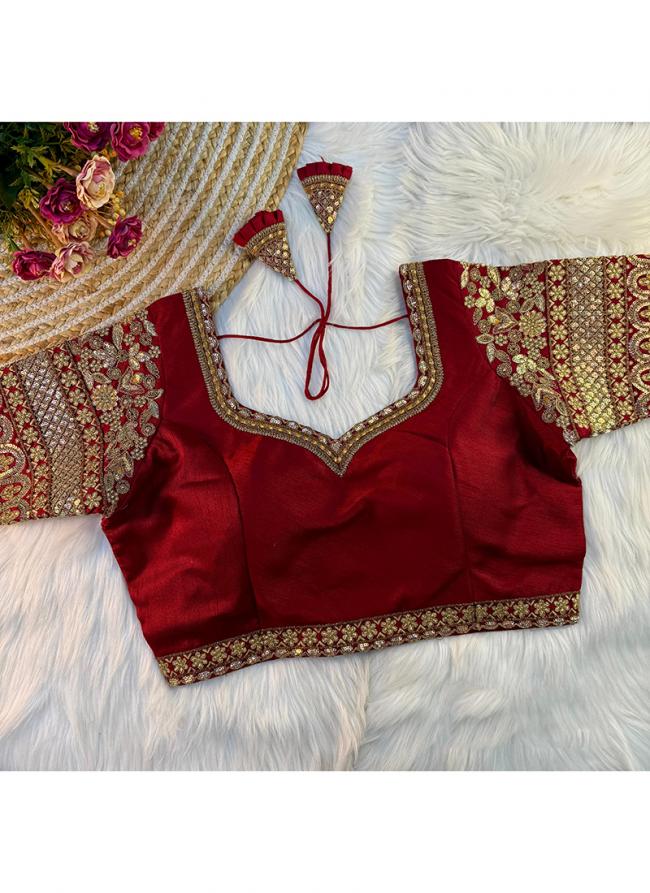 Silk Maroon Party Wear Thread Work Readymade Blouse